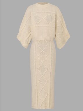 Cream Cable-Knit Sweater And Skirt Set